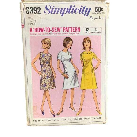 Simplicity 6392 Vintage Sewing Pattern Misses Dress Size 18 60s - Picture 1 of 2